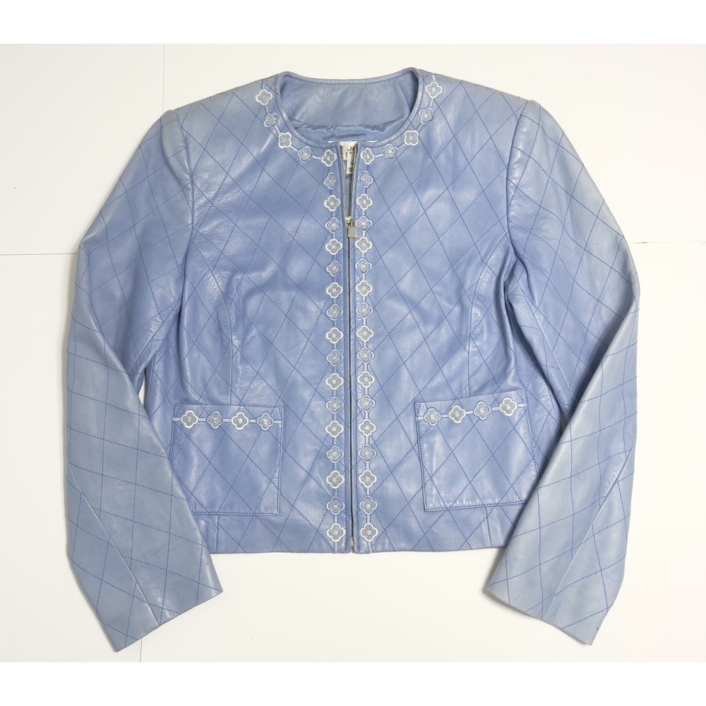 VTG St.John Collection Women Lambskin Leather Jacket 12 Quilt Floral Embroidered